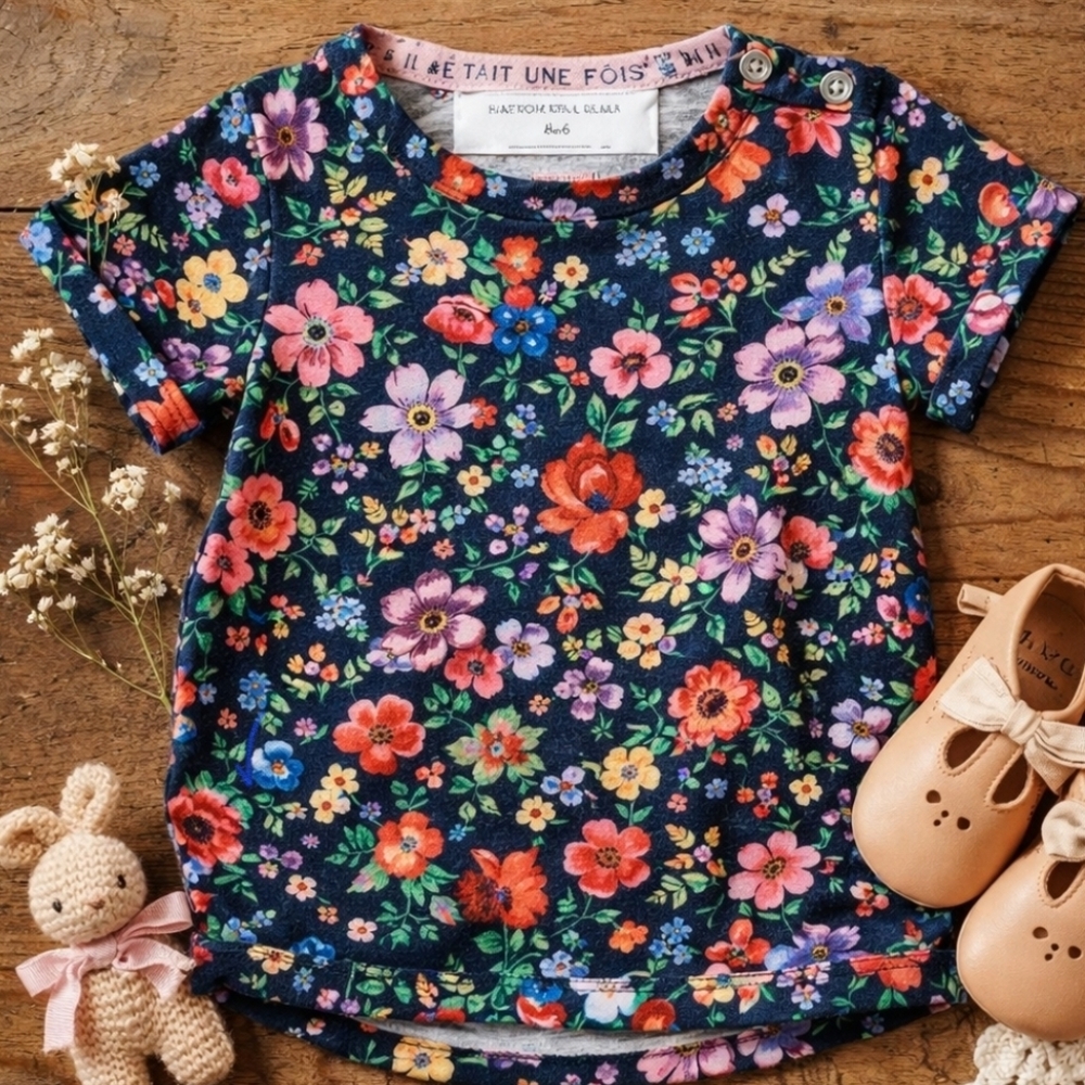 H&M x Nathalie Lété Baby Floral Tee 4-6M Cuffed Sleeve Shoulder Snap